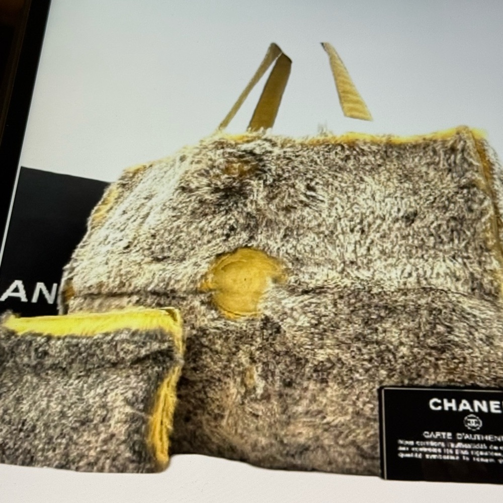 CHANEL Lapin Rabbit Fur Tote Bag and Pouch Gray and Yellow Euc